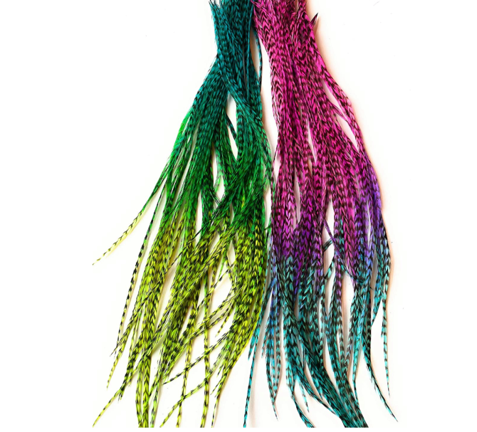 Extensiones de cabello atadas con color pluma.