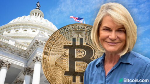 Senator Lummis in front of the Capitol building with a bitcoin behind her
